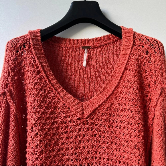 Free People V-Neck Crochet Boho Sweater - Burnt Orange - Size M - Picture 7 of 12